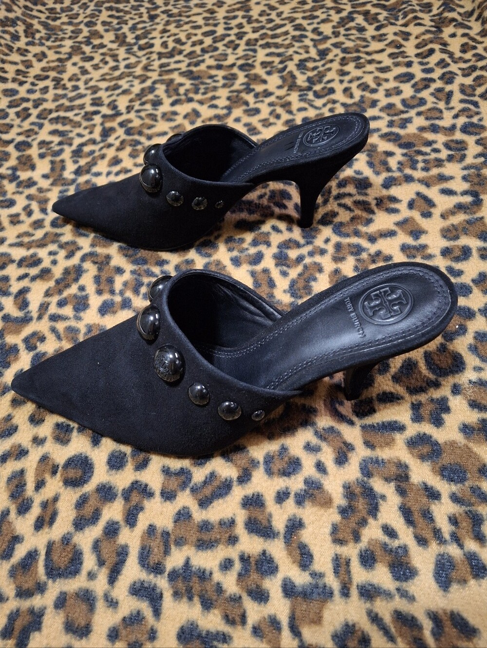 Tory Burch Georgina Studded Suede Kitten Heel Pointed Toe Mules Shoes Size 7 - Picture 5 of 16